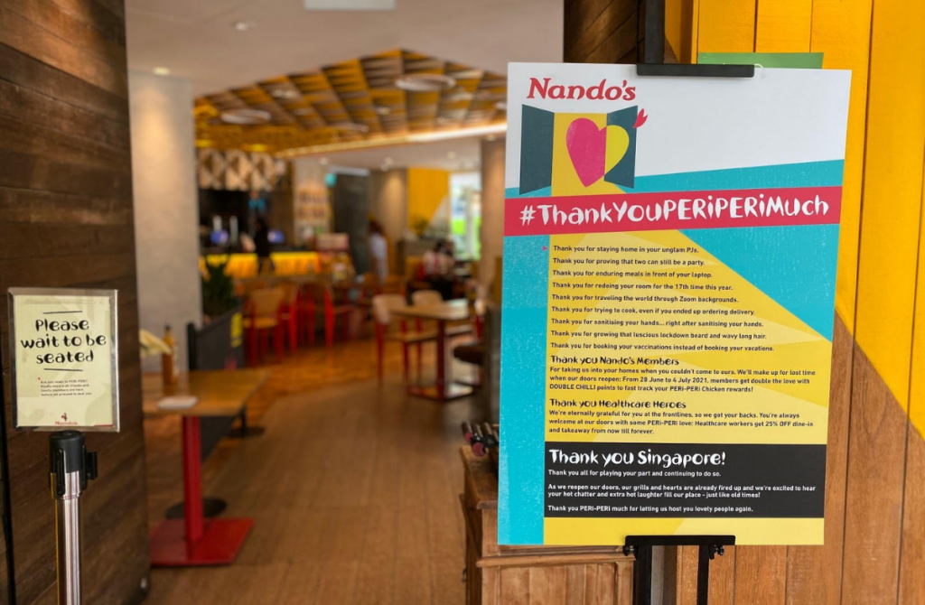 Nando’s SG says ‘Thank You PERi-PERi Much’ with a heartfelt letter as dining in restrictions are lifted