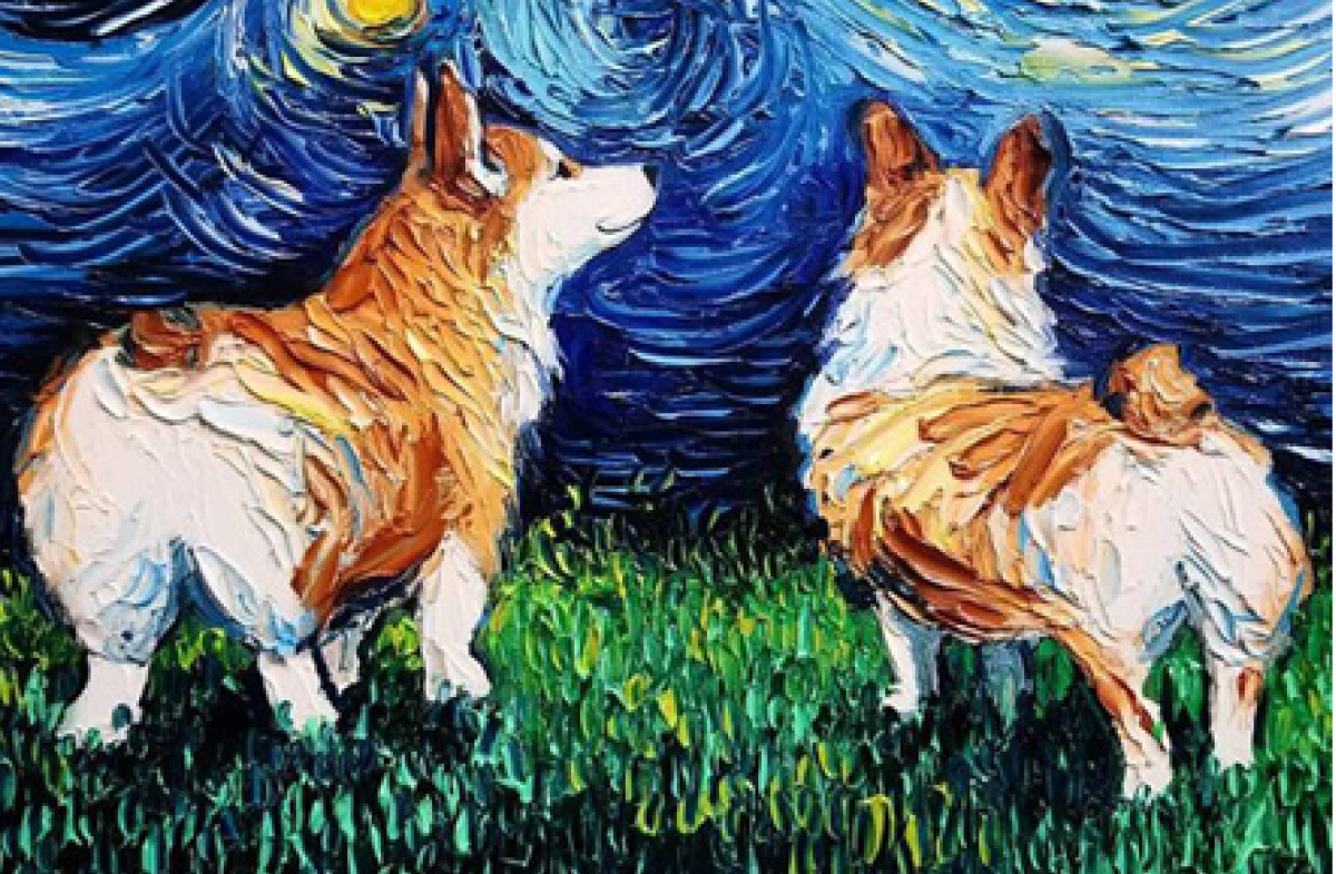 Маслом будет хватать. Картина корги Ван Гог. Собаки в живописи. Рыже собаки в живописи. Живопись корги маслом.