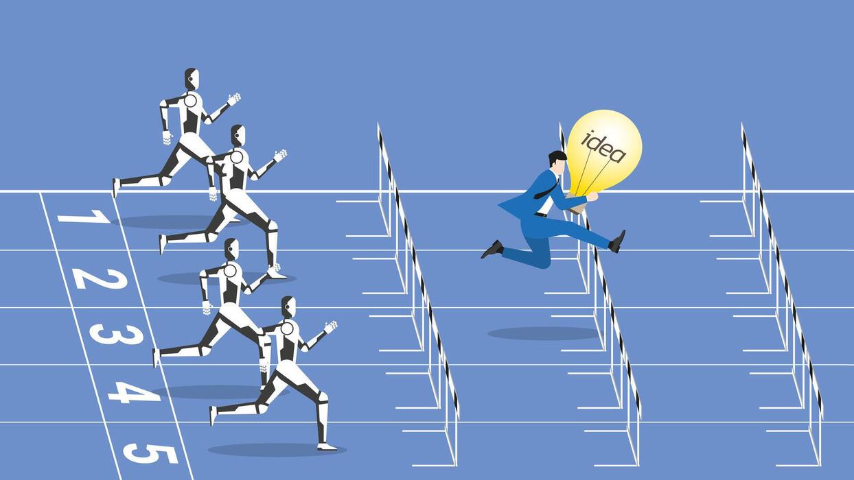 business idea competition contest rivalry in cyber technology concept a businessman with a light bulb and a robot are competing vector | Home